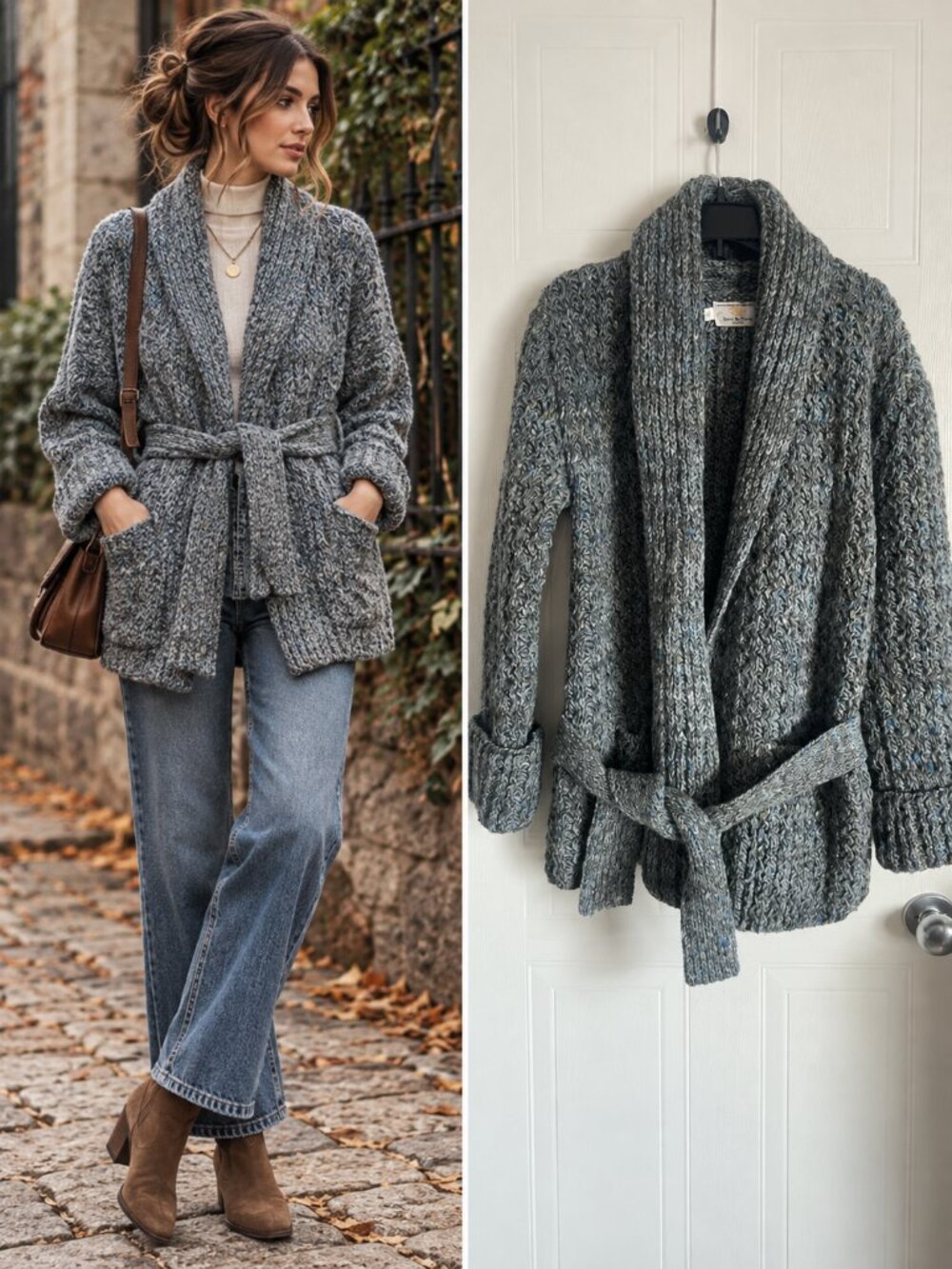 Hudson's Bay Gray Blue Marled Wool Belted Cardigan Shawl Collar Heritage M